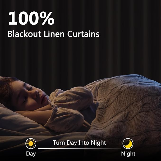 100% Blackout Linen Curtains for Bedroom 96 inches Long, Thermal Insulated Room - Image 2