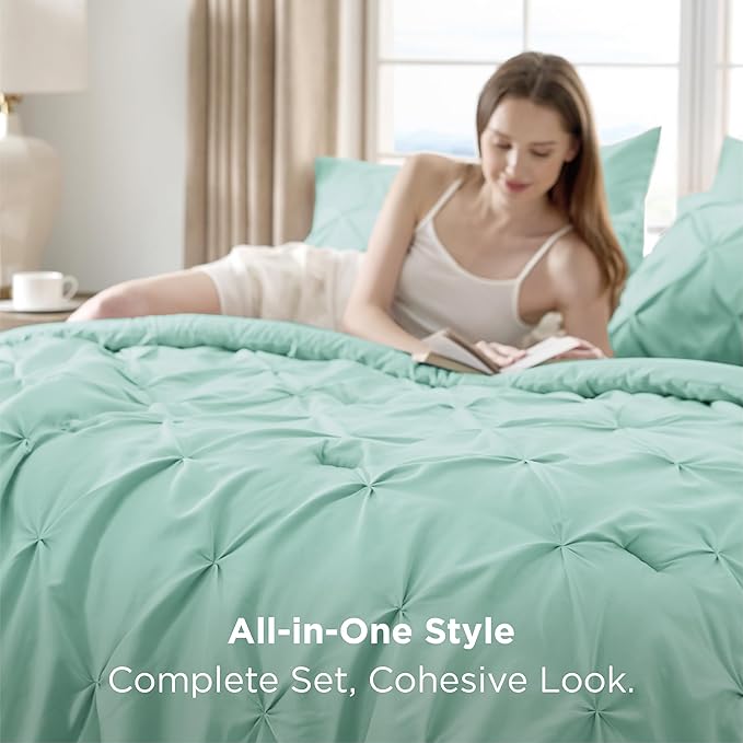 Bedsure Full Comforter Set Mint Green - Bed in a Bag Full Size Bedding Set 7 Pieces, GentleSoft™ Pintuck Bed Set Gift for Family, Pinch Pleat All Season Comforter with Sheets, Pillowcases & Shams