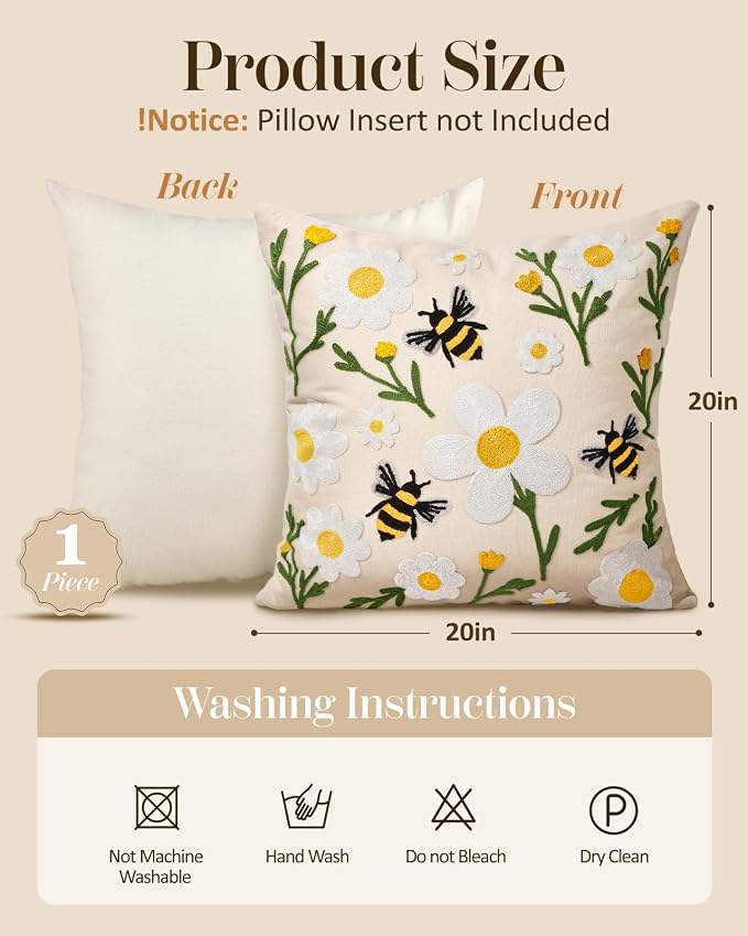 Embroidered Throw Pillow Cover 20x20 Inch, Flower Bee | Decorative Pillow Cover - Image 4
