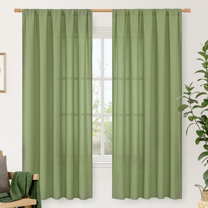 72 inch Length Green Semi Sheer Linen Curtains by LAMIT