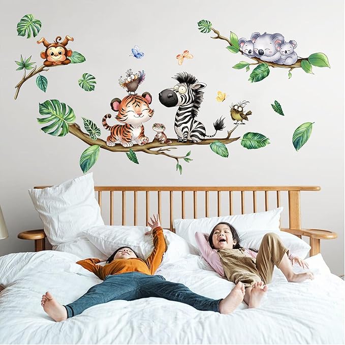 Cartoon Animal Wall Stickers Forest Safari Wall Decals Kid Room Nursery Baby Bedroom Décor (Cute Tiger Zebra)