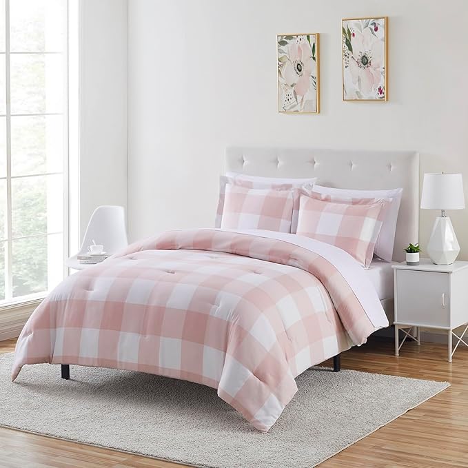 Twin Comforter Set with Sheets - 5-Piece Bedding Collection - 1 Comforter, 1 Fitted Sheet, 1 Flat, 2 Pillowcases - Deep Pocket - Soft & Premium Quality - Ideal for All Seasons, Checkered Box Blush