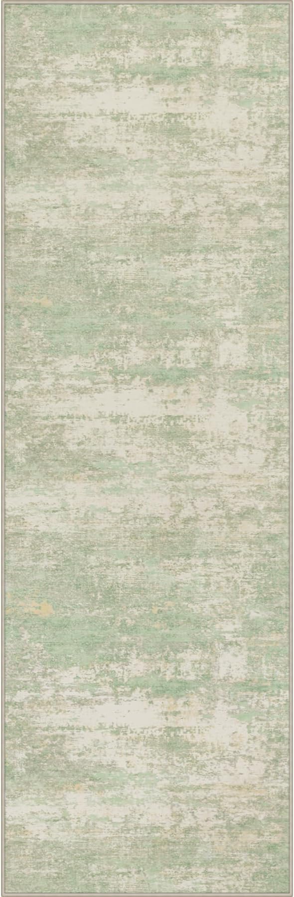 2.6x8 Washable Runner Rug：Modern Abstract Soft Carpet Green Cream | by FXRHLP