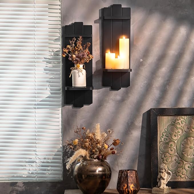 Black Candle Holder Wall Decor - 19.7 Inch Large Rustic Wooden Candle Sconces Wall Shelf for Pillar Candles Vases - Gothic Decoration for Halloween Bathroom Living Room