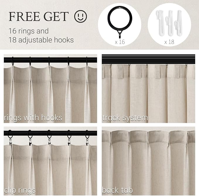 95 Inches Long Pleated Sheer Curtains, Oatmeal Linen Blended Light Filtering - Image 2