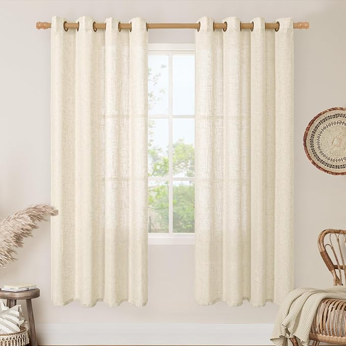 Beige Linen Sheer Curtains for Living Room 78 Inch Length 2 Panels | Faux Linen by LAMIT