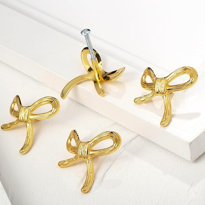 8 Pcs Bow Knobs for Dresser Matel Bow Drawer Knobs Vintage Dresser Handles Cabinet Drawer Pulls for Home Bedroom Kitchen Cabinets Hardware Cupboard (Gold,Classic Style)