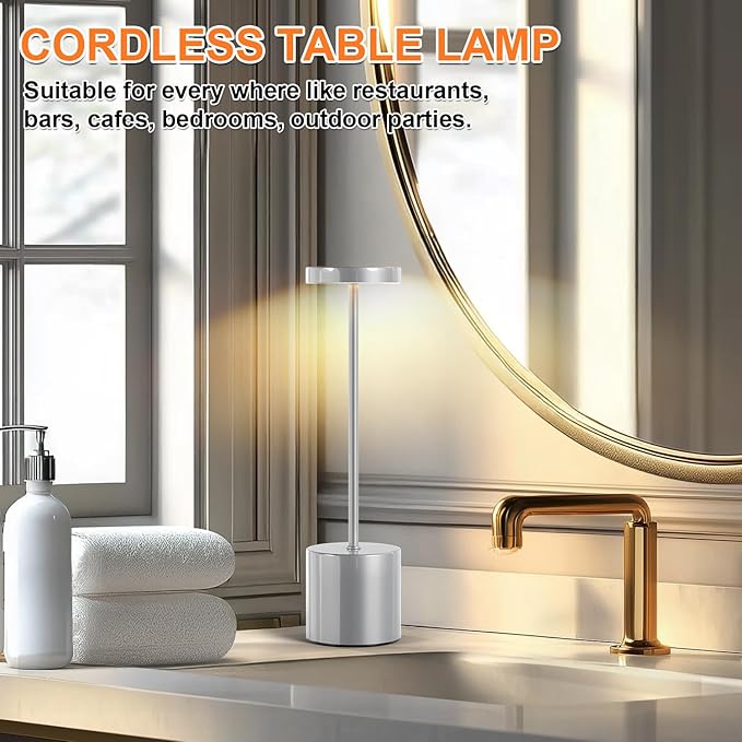 Cordless Table Lamp – 2 Pack Rechargeable Table Lamps, 5000mAh Battery Operated Lamp with 3-Color Dimmable Light, Outdoor Table Lamp for Bedroom, Restaurant, Patio, Home Décor (Silver)
