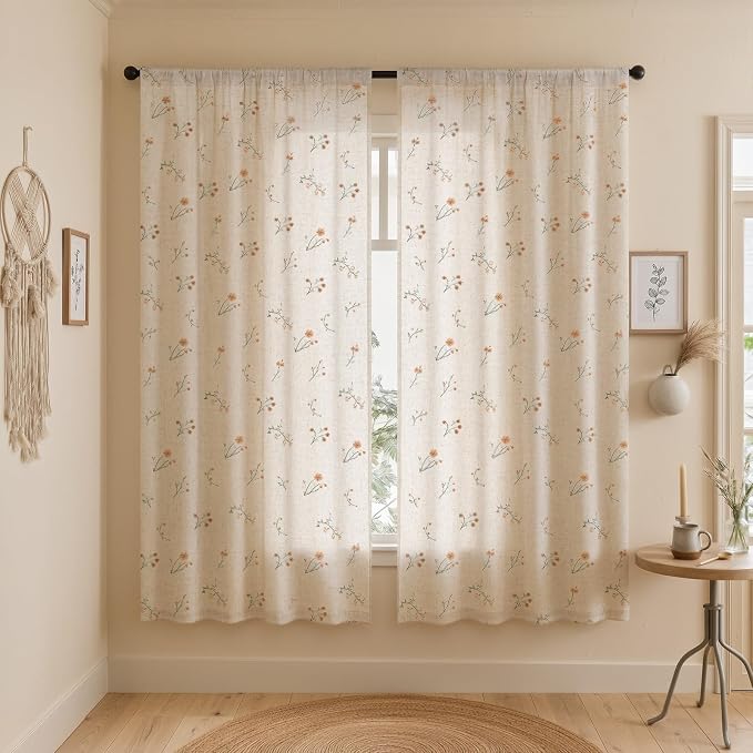 Floral Embroidered Light Filtering Curtains 72 Inch 2 Panels | Linen Blend by Unknown