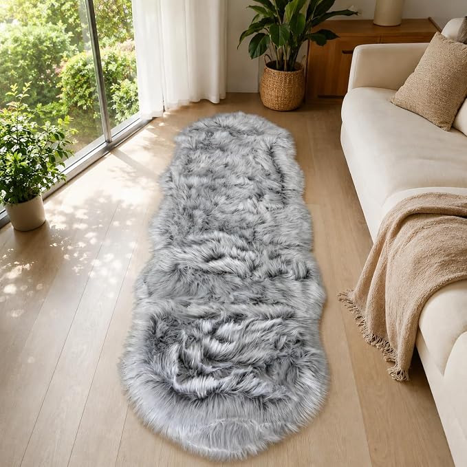 EasyJoy Faux Sheepskin Rug, 2 x 6 ft, Frosted Bottom Gray | Fluffy Faux Fur - Image 5