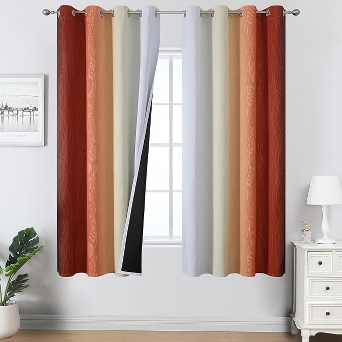 Burnt Orange and Greyish White Ombre Blackout Curtains 52Wx63L Inch Long | by ESTELARTEXTILER