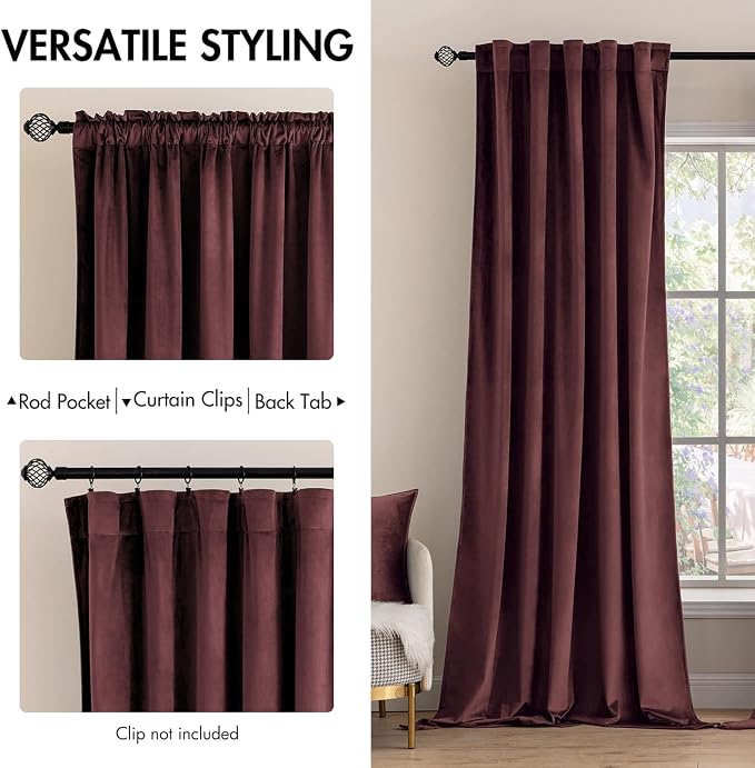 MIULEE Velvet Curtains 52x96 inches 2 Panels Ruby Wine Blackout Curtains | - Image 2