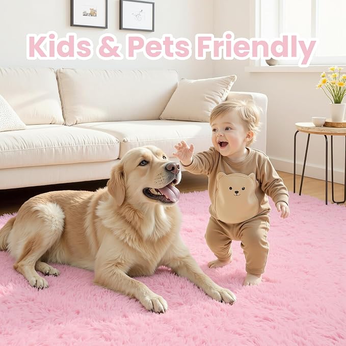 6x9 Fluffy Shag Area Rugs for Living Room Bedroom: Soft Carpet Light Pink | - Image 3