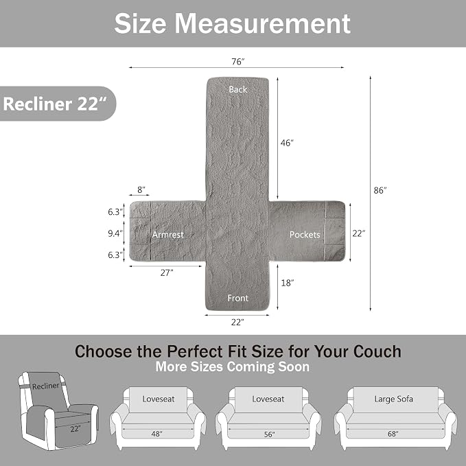 Gray Quilted Recliner Chair Covers, Waterproof Recliner Slipcovers, Lazy Boy - Image 6