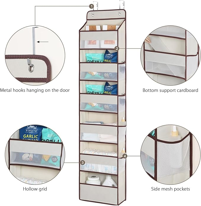 Univivi 6 Tier Over The Door Organizer With 8 Mesh Side Pockets, Bathroom Organizers and Storage Over The Door Organizer For Nursery Baby Essentials (Beige)