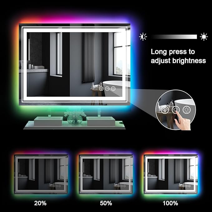 LED Mirror for Bathroom, 30"X36" with 8 RGB Backlit +3 Front Lit (Adjustable Individually), Anti-Fog, Lighted Bathroom Vanity Mirror for Wall, Shatterproof, Memory Function, Tempered Glass