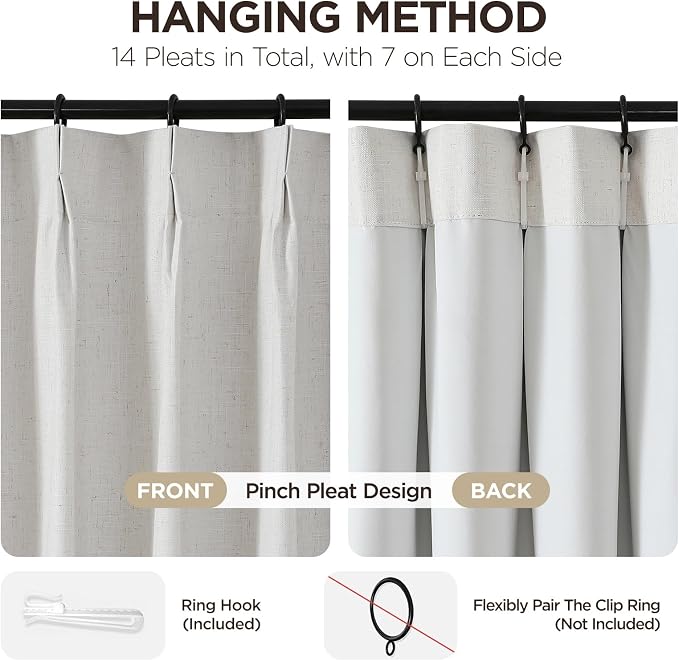 Joydeco 100% Blackout Pleated Curtains, Linen Window Curtains 2 Panel Sets 108 - Image 3