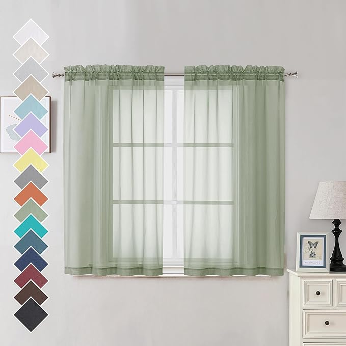 OVZME 2 Panels Window Sage Green Sheer Curtains 42" x 45" Inches for Small Windows, Soft Touching Top Dual Rod Pocket Drapes for Living Room & Bedroom
