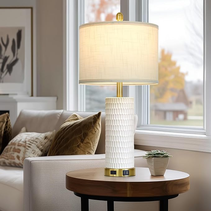 27" White Ceramic Lamps for Living Room, 3-Way Dimmable Touch Ceramic Table Lamp Set of 2 for Bedroom，Rustic Farmhouse Bedside Lamp with USB A+C & Outlets, Elegant Bedroom Lamp for Nightstand