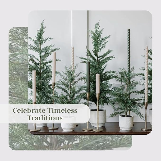 CG Hunter Holiday Collection, Set-of-2 Faux Cedar Trees, Premium Artificial Indoor & Outdoor Cedar Tree Stands 24" Tall in Creme Pot–Perfect Christmas Decoration