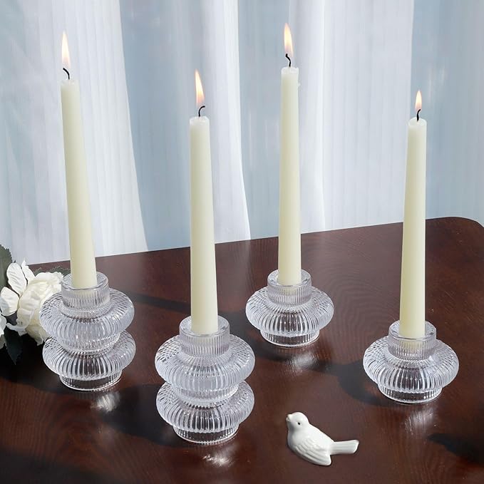 VOHO 12pcs Taper Candle Holders Ribbed Glass, Stylish Boho Candle Holder Stackable and Reversible for Candlesticks & Votive Candles, Clear Candle Sticks Holder Decor for Dining Table Centerpiece