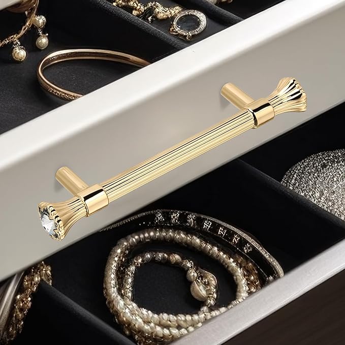 4 Pack Kitchen Cabinet Handles Gold, Crystal Dresser Drawer Pulls, Modern Bathroom Cabinet Handles, Kitchen Hardware for cabinets, Zinc Alloy Pull, 5.7 Inch Length, 4.1 Inch Hole Center