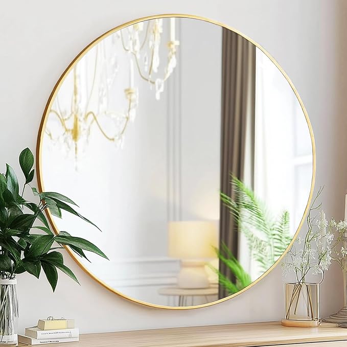 Gold Round Mirror 30 inch, Large Circle Mirror, Round Wall Mirror Metal Frame, Gold Circle Mirrors for Wall, Bathroom, Living Room, Hallway.