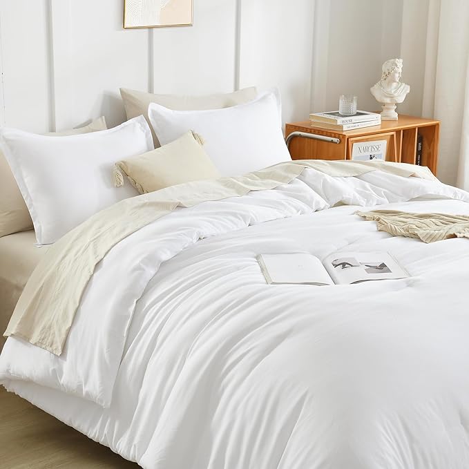 Litanika White Oversized King Comforter Set Super King Plus Size, 3 Pieces Lightweight Solid Bedding Comforter Set, All Season Fluffy Bed Set (128x120In Comforter & 2 Pillowcases)