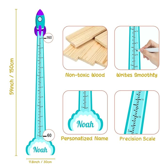 Personalized Growth Chart for Wall, Wooden Height Chart for Kids, Cute Height Measurement for Child/Girls/Boys, Baby and Toddler's Playroom/Kid's Room/Nursery Decor, Rocket