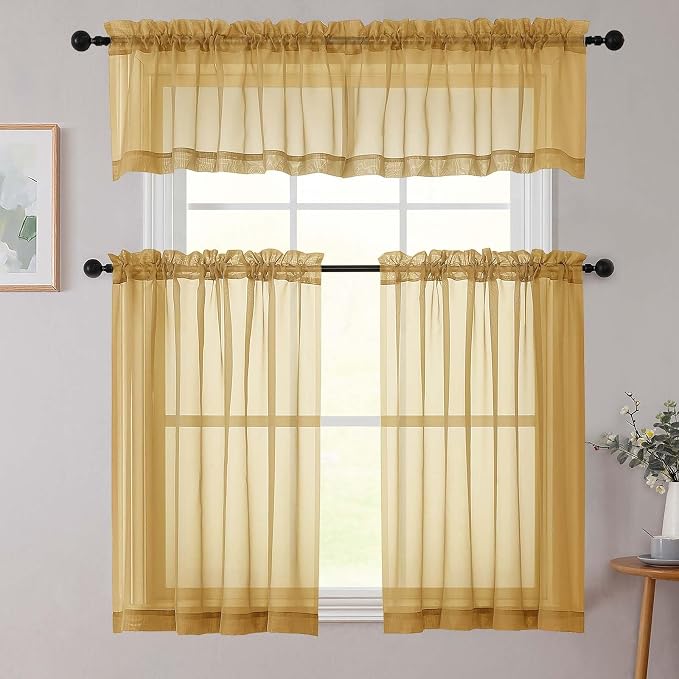 Gold Kitchen Curtains 30 Inch Length Tier 2 PCS, Solid Soft Airy Half Curtains - Image 8