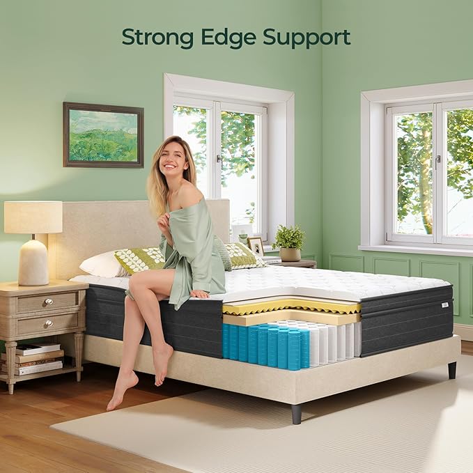 koorlian 12 Inch King Size Mattress in a Box for Back Pain, Medium Firm Feel Fiberglass Free Hybrid Mattress with Individual Pocket Springs and Pressure-Relieving Memory Foam, 120-Night Trial