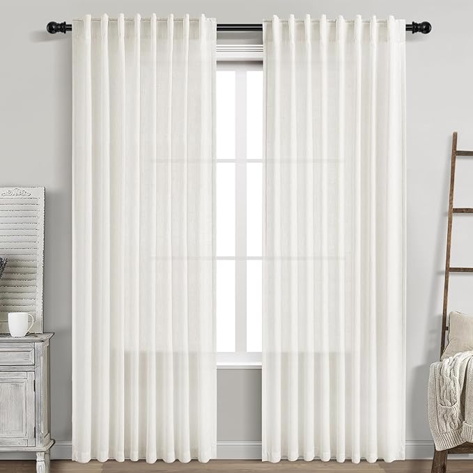 Beige White Linen Curtains 84 Inch Length by Nanspring