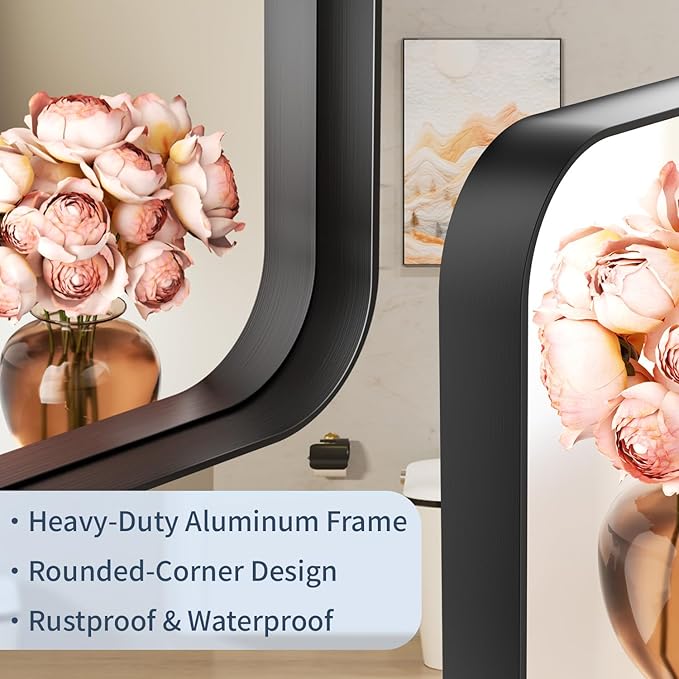 55×30 Black Vanity Mirror for Bathroom Sink - Rectangle Aluminum Frame Mirror with Tempered Glass & Rounded Corners for Living Room, Hallway, Horizontal/Vertical, Home Decor