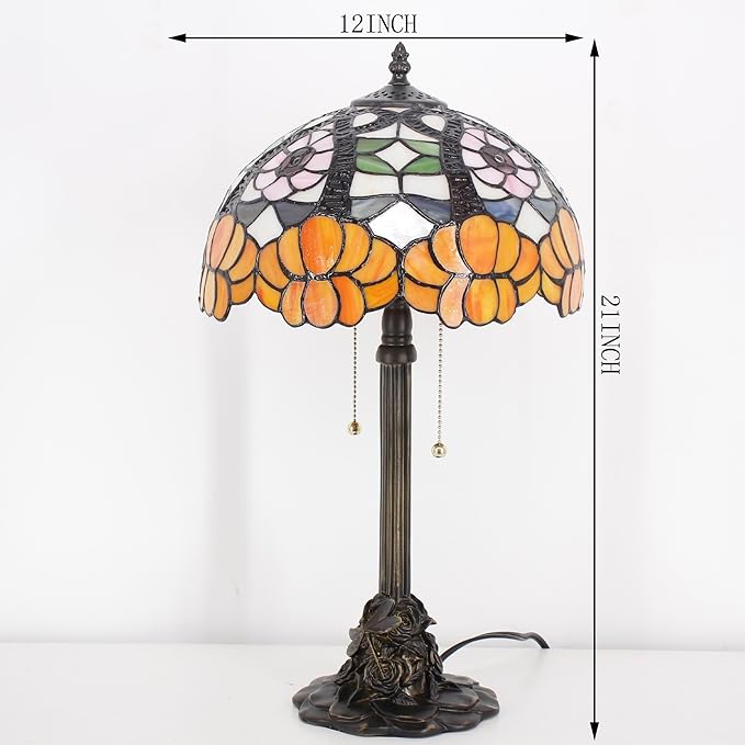 Tiffany Stained Glass Table Lamp 12X12X21Inch Resin Base Desk Bedroom Living Room Reading Light (Orange Flower)