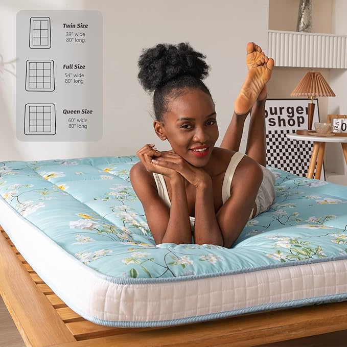 MAXYOYO Rustic Floral Korean Futon Mattress, Padded Japanese Floor Mattress Quilted Bed Mattress Topper, Extra Thick Folding Sleeping Pad Breathable Floor Lounger Guest Bed for Camping Couch, Queen