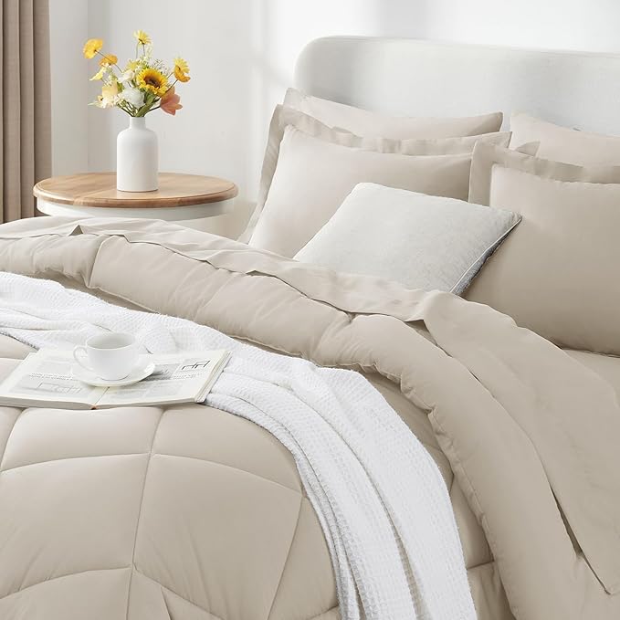 CozyLux Full Size Comforter Sets Beige - 7 Pieces Bed in a Bag Full, Luxury Soft Bed Set for All Seasons, Bedding Set with Down Alternative Comforter, Sheets, Pillowcases & Shams