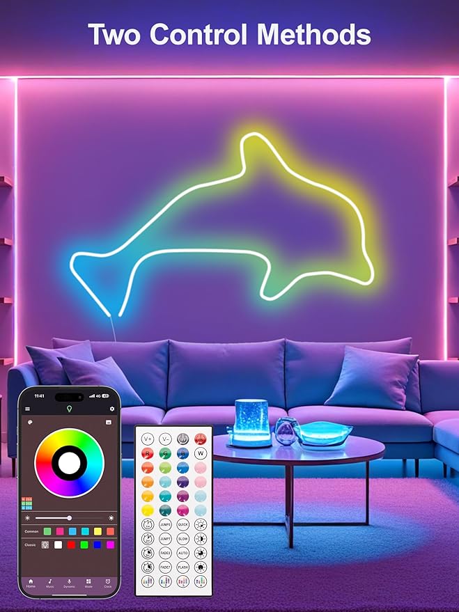 Neon Rope Lights, 50Ft RGB LED Strip Lights - App & Remote Control, Music Sync, IP67 Waterproof, Flexible Cuttable Neon Lights for Bedroom, Gaming, Party, Outdoor Decor, Multiple Modes