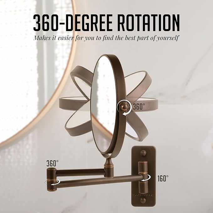 OVENTE 7" Wall Mounted Makeup Mirror with 1X/10X Magnification, Double Sided Magnifying Round Bathroom Vanity Mirror, 360° Swivel Design, Extendable and Folding Arm, Antique Bronze MNLFW70ABZ1X10X