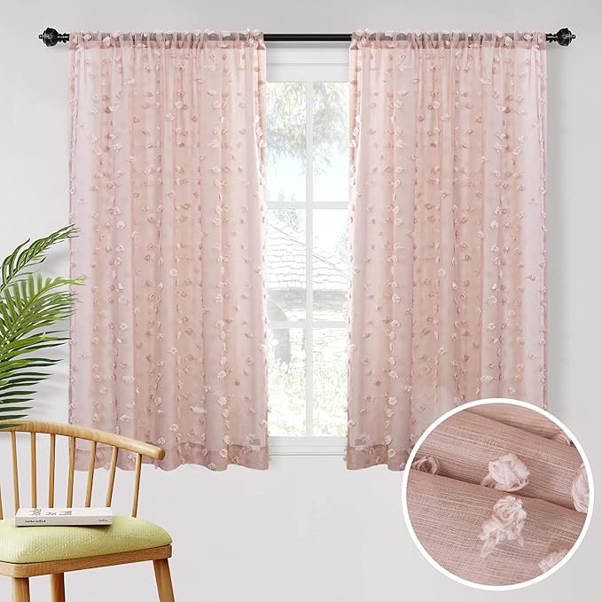 MYSKY HOME Pom Pom Pink Sheer Curtains for Bedroom Girls Room Dusty Rose Curtains 63 inch Length for Nursery Kids Light Filtering Boho Window Drapes, Rod Pocket, 52" Wide, 2 Panels