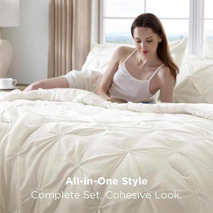Bedsure Queen Comforter Set Ivory - Bed in a Bag Queen Size Bedding 7 Pieces, GentleSoft™ Pintuck Bed Set Gift for Family, Pinch Pleat All Season Comforter with Sheets, Pillowcases & Shams