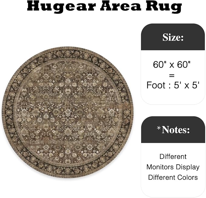 5ft Round Brown Vintage Floral Washable Rug - Image 2
