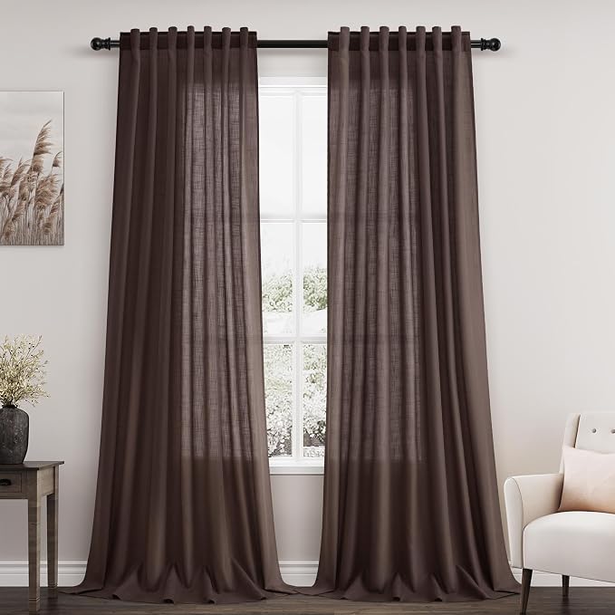 Coffee Linen Boho Curtains for Bedroom Back Tab Rod Pocket Semi Sheer Linen by Nanspring