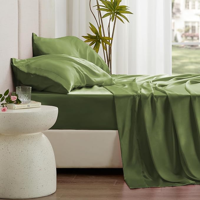 Love's cabin Twin XL Satin Sheet Sets - 3 Piece Sage Silky Bed Sheets with Deep Pockets, Luxury Silk Feel Satin Sheet Set Twin XL (1 Flat Sheet,1 Fitted Sheet,1 Pillow case)