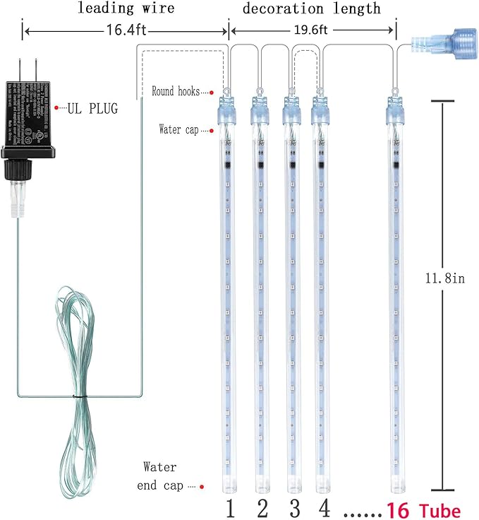 Kwaiffeo Blue Icicle Christmas Lights Outdoor, 16 Tubes(Equivalent to 2 Sets of 8-Tubes) LED Meteor Shower Lights for Xmas Halloween Decor Yard Lawn, Outdoor Lighted Christmas-Themed Ornaments