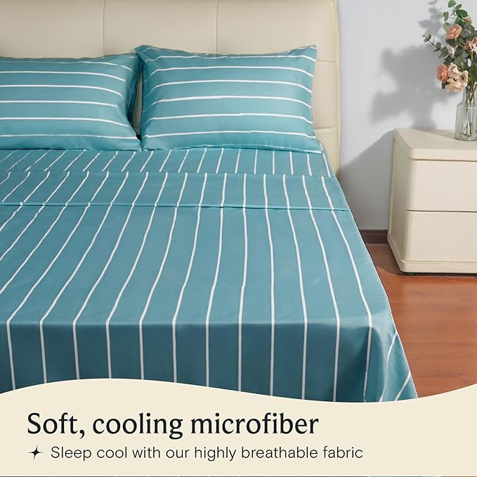 LuxClub 4 PC King Size Sheet Set Bed Sheets, Breathable Luxury Deep Pockets Wrinkle Free Cooling Sheets Machine Washable Hotel Bedding (King, Striped Light Blue)