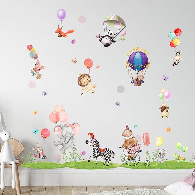 Jungle Animal Wall Stickers Forest Safari Wall Decals Kid Room Nursery Baby Bedroom Décor (Animal Balloon)
