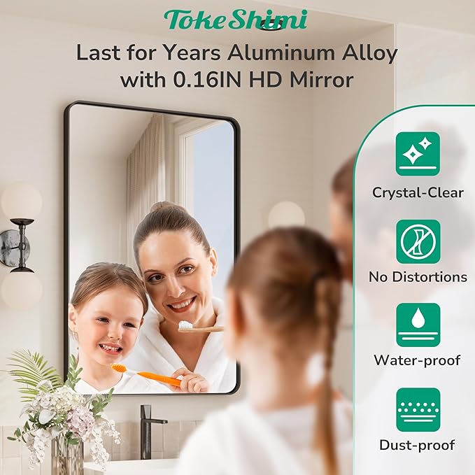 TokeShimi 48x36 Black Bathroom Mirror for Over Sink,Tempered Glass,Rectangle Mirror for Bathroom,Large Bathroom Mirror for Vanity(Horizontal/Vertical)