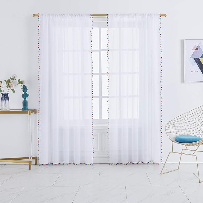 Treatmentex White Linen Sheer Curtains for Living Room 95" Long Colorful Pompoms Kids Window Draperies for Nursery Room Baby Voiles 2 Panels