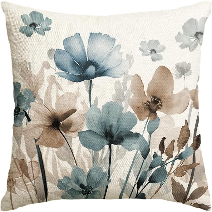 AVOIN colorlife Poppy Flowers Blue Brown Throw Pillow Cover 18x18 Inch | by AVOINcolorlife