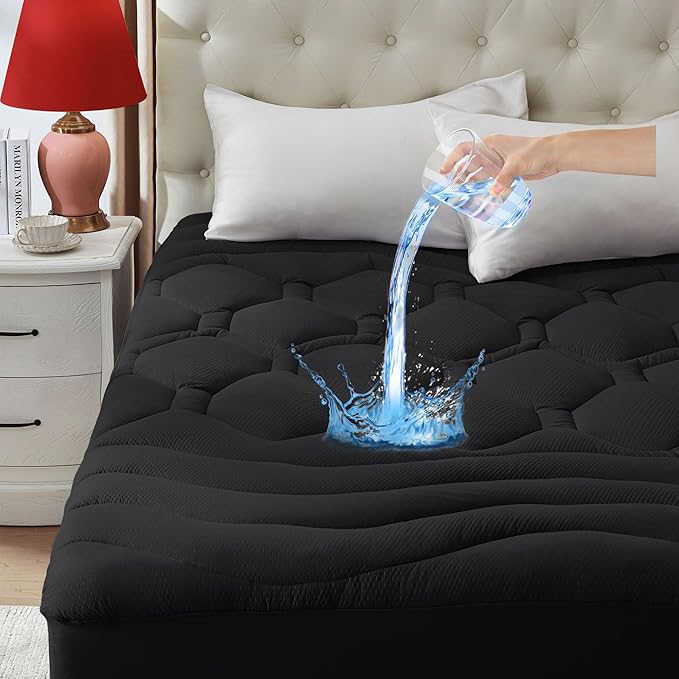 Full Size Mattress Pad Waterproof, Cooling Mattress Topper for Double Bed, Pillow Top Quilted Fitted Mattress Protector Cover with 8-21" Deep Pocket (54x75 inch, Black)